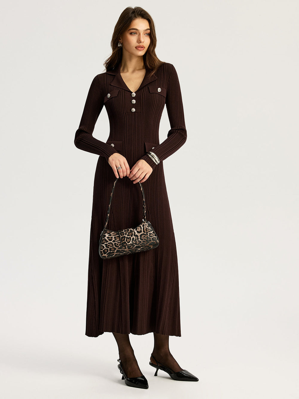 Women's dark brown ribbed maxi dress with lapel collar and long sleeves