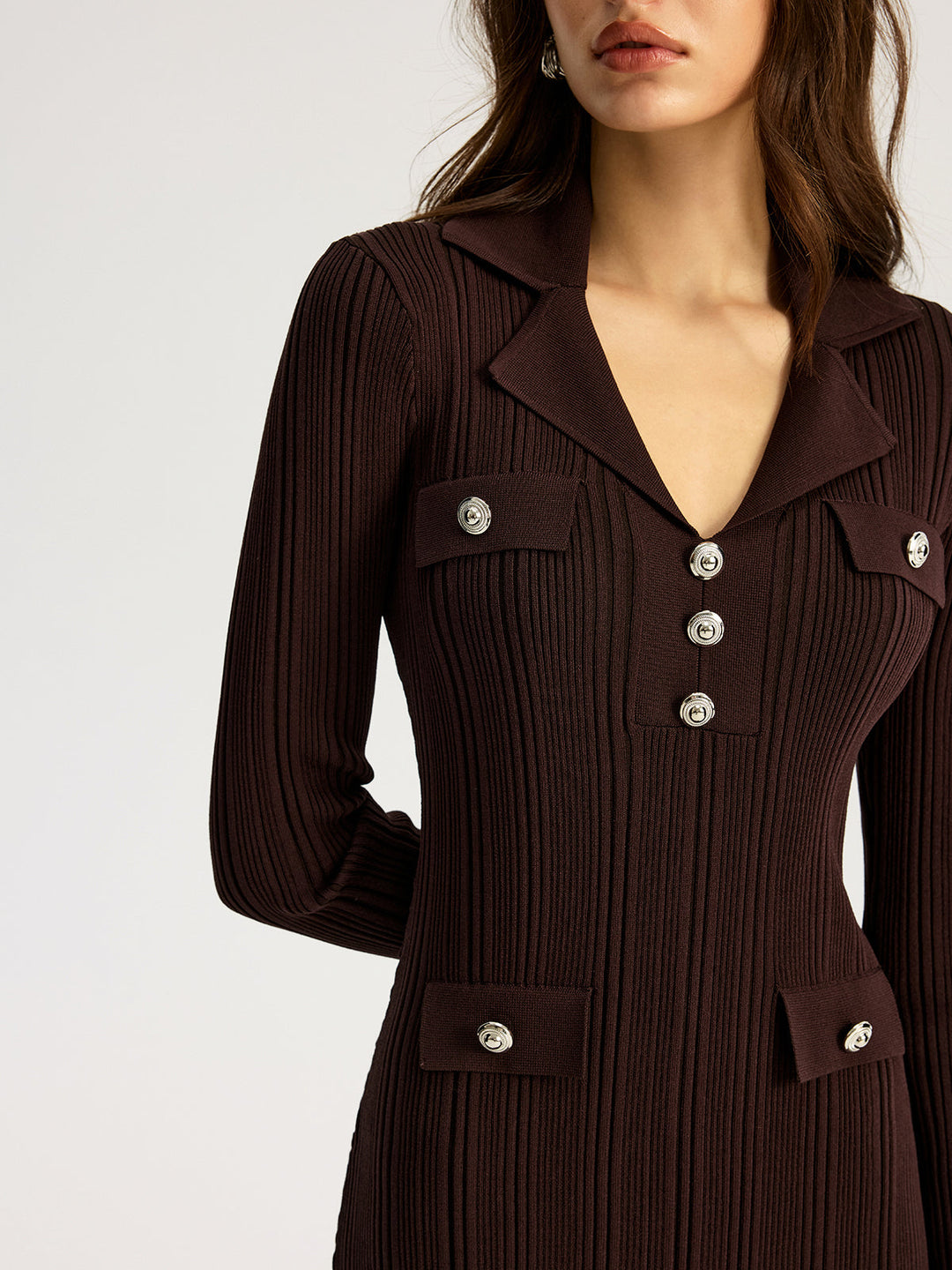 Women's dark brown ribbed maxi dress with lapel collar and long sleeves