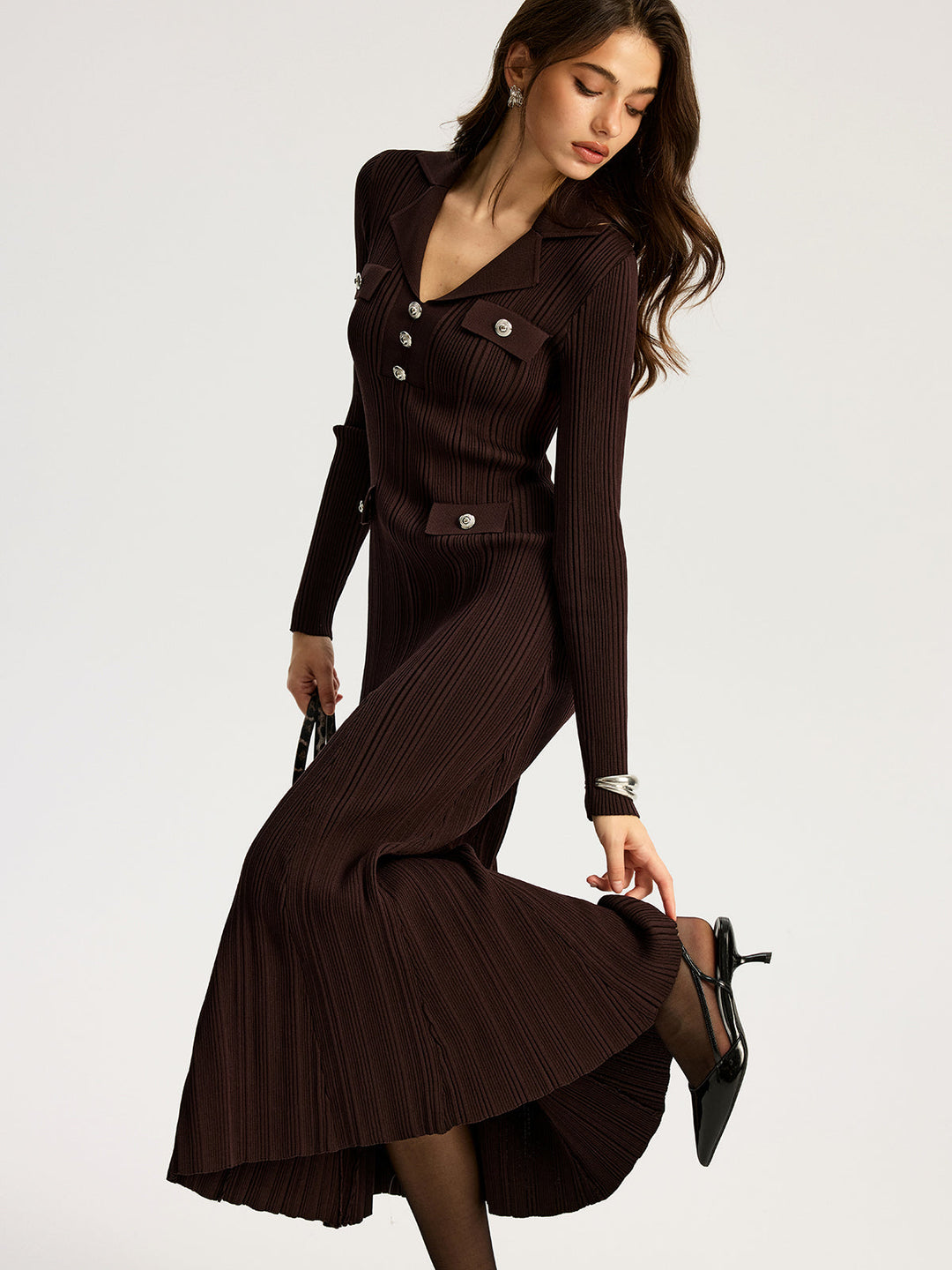 Women's dark brown ribbed maxi dress with lapel collar and long sleeves