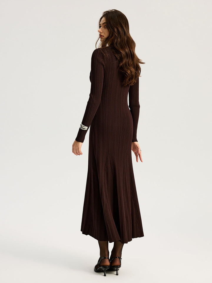 Women's dark brown ribbed maxi dress with lapel collar and long sleeves