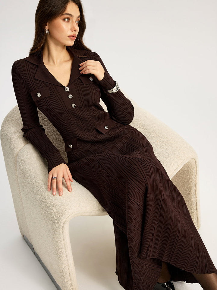 Women's dark brown ribbed maxi dress with lapel collar and long sleeves