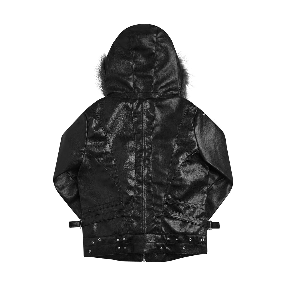Black hooded jacket with fur-like trim, zip pockets and stud details