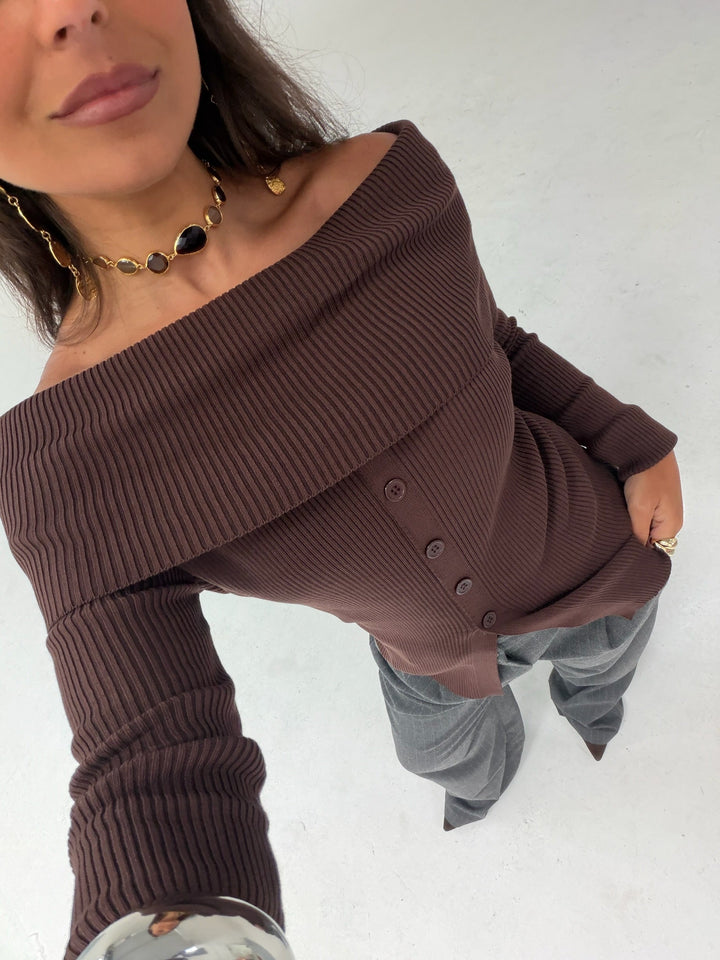 Women's brown ribbed off-shoulder button sweater with long sleeves