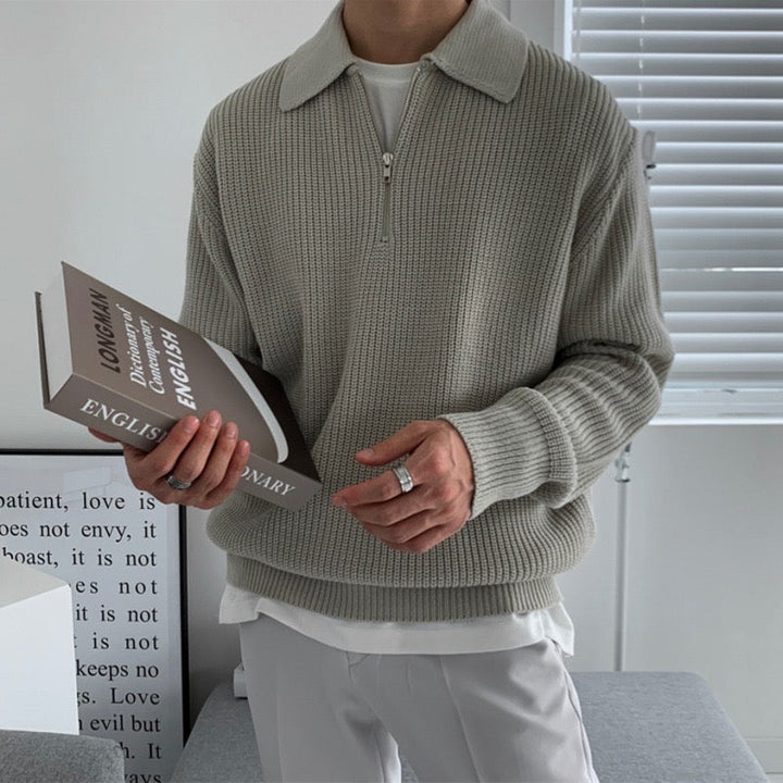 Men's textured quarter-zip collared sweater with long sleeves and ribbed trims