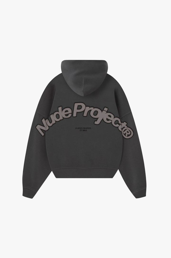 Unisex dark graphic zip-up hoodie with hood and ribbed cuffs