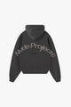 Unisex dark graphic zip-up hoodie with hood and ribbed cuffs