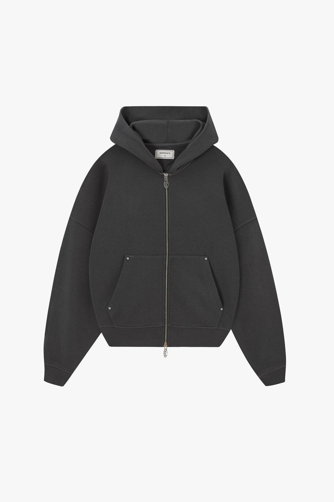 Unisex dark graphic zip-up hoodie with hood and ribbed cuffs