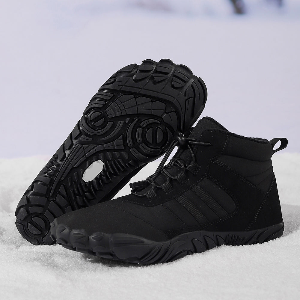 Winter barefoot high-top shoes with lace-up front and deep treaded soles