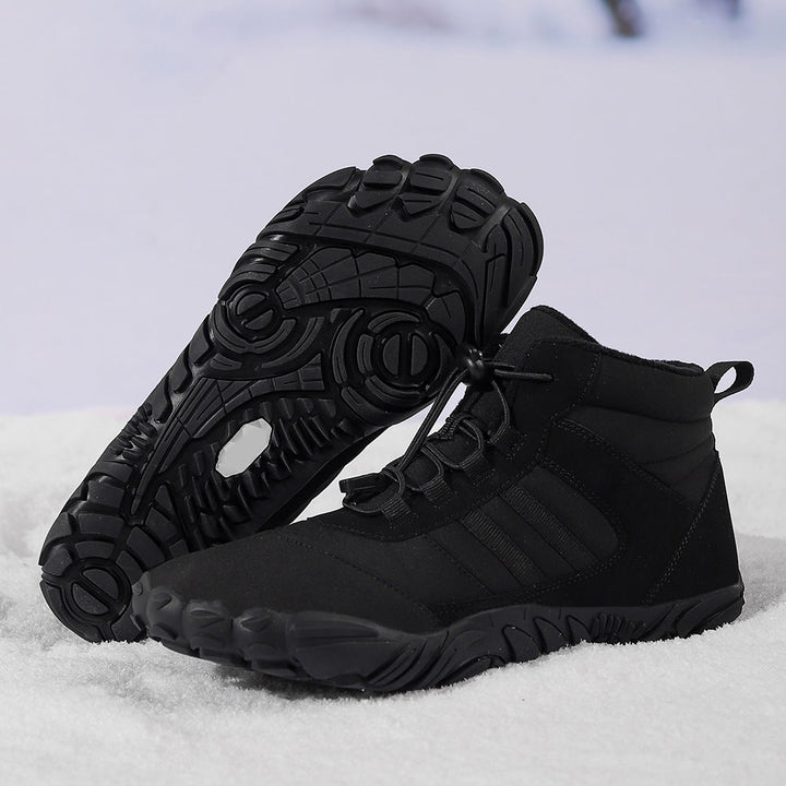 Winter barefoot high-top shoes with lace-up front and deep treaded soles