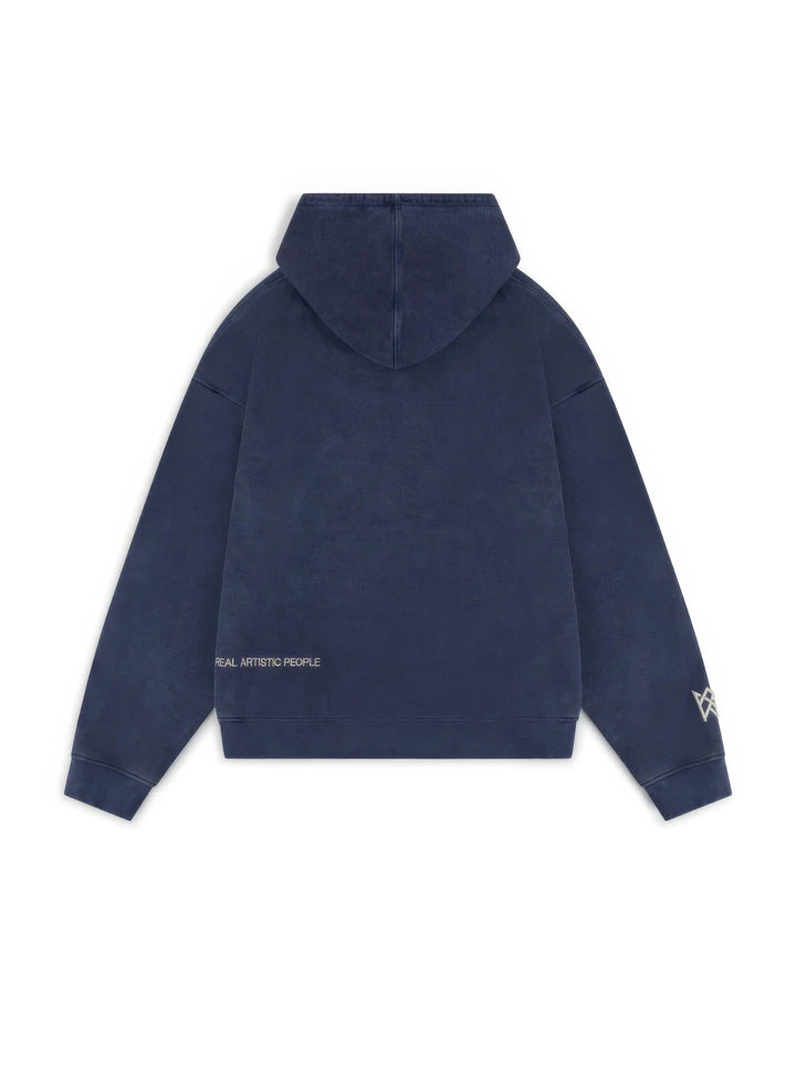 Women's blue graphic hoodie with hood, kangaroo pocket and ribbed trims