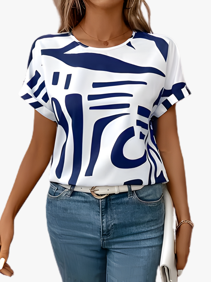 Women's crew neck t-shirt with navy and white abstract print, short sleeves