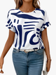 Women's crew neck t-shirt with navy and white abstract print, short sleeves