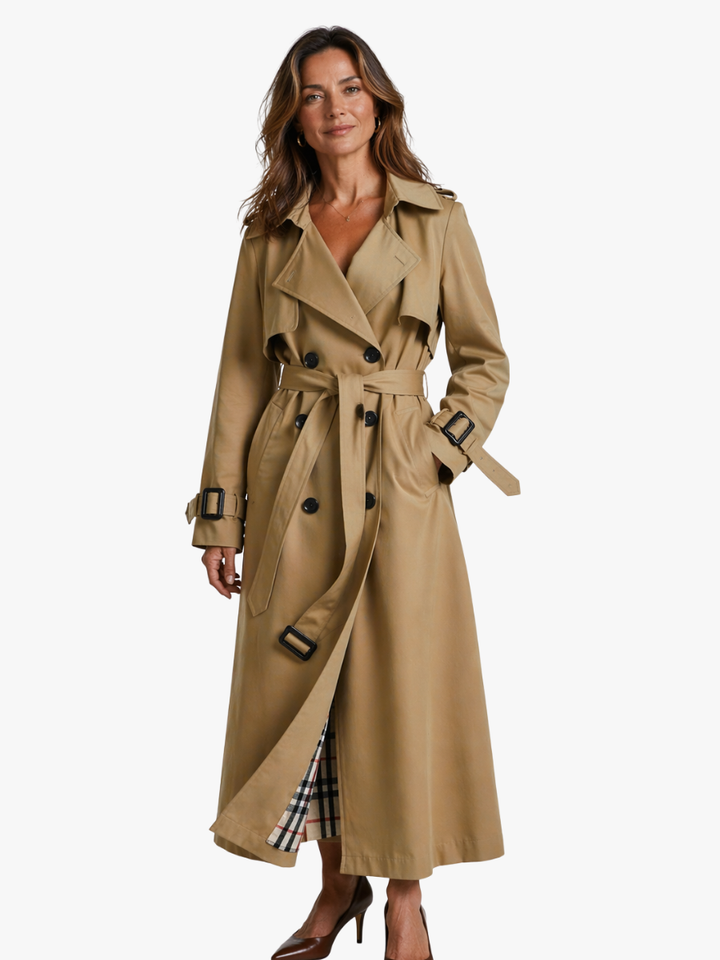 Women's long belted trench coat with double-breasted buttons and cuff buckles