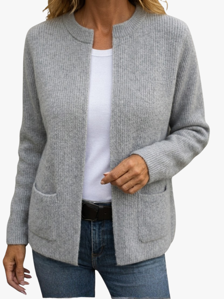 Women's ribbed open front cardigan with long sleeves and two patch pockets