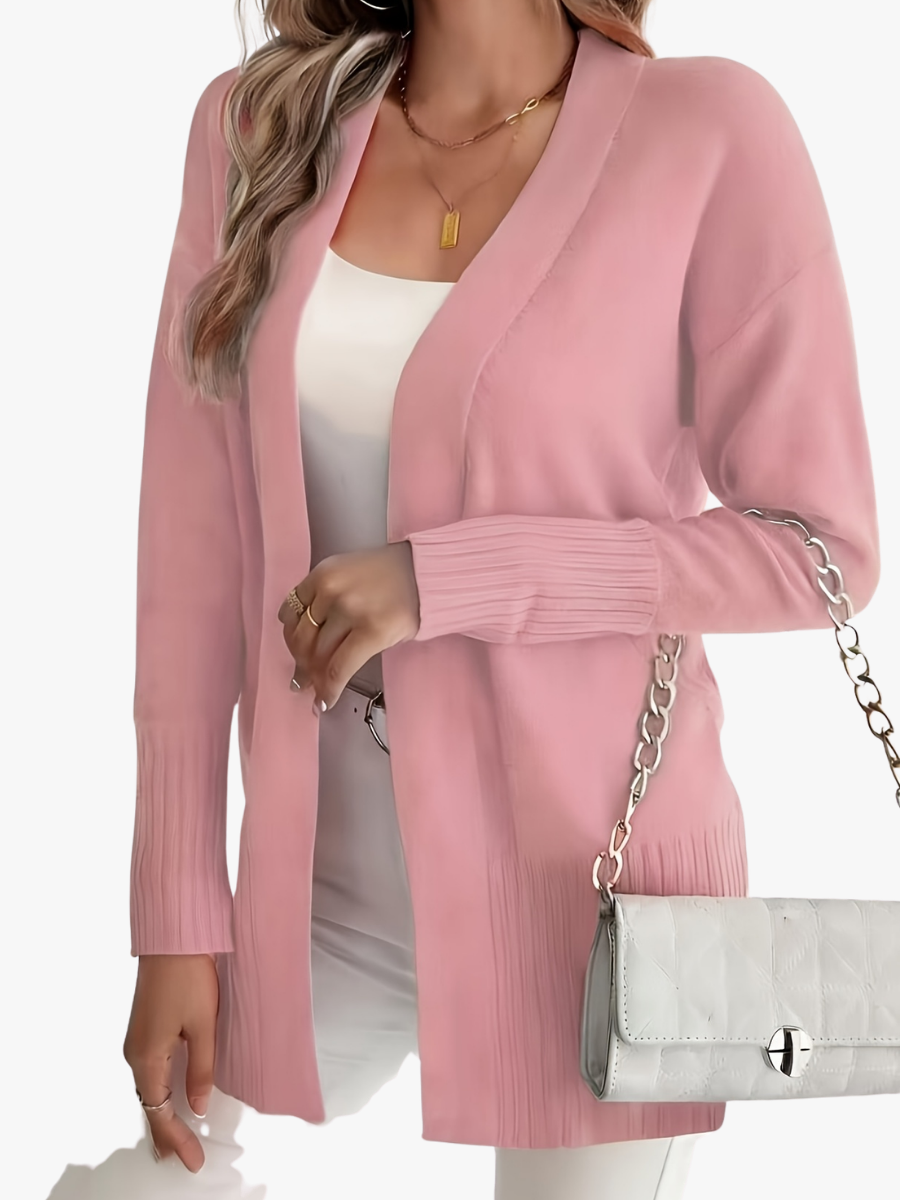 Women's long open front cardigan with ribbed cuffs and hem
