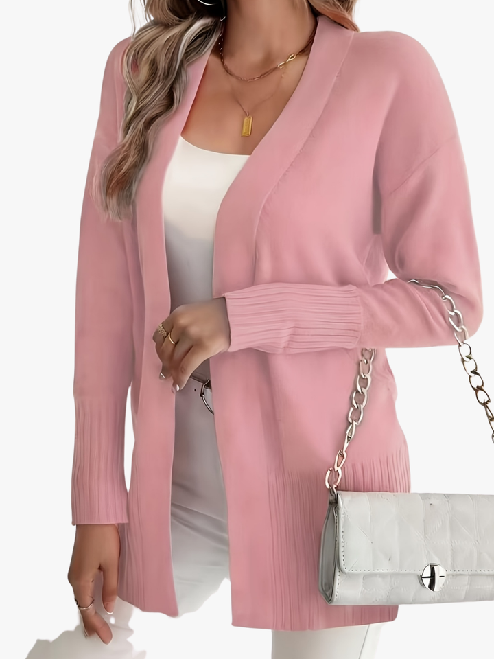 Women's long open front cardigan with ribbed cuffs and hem