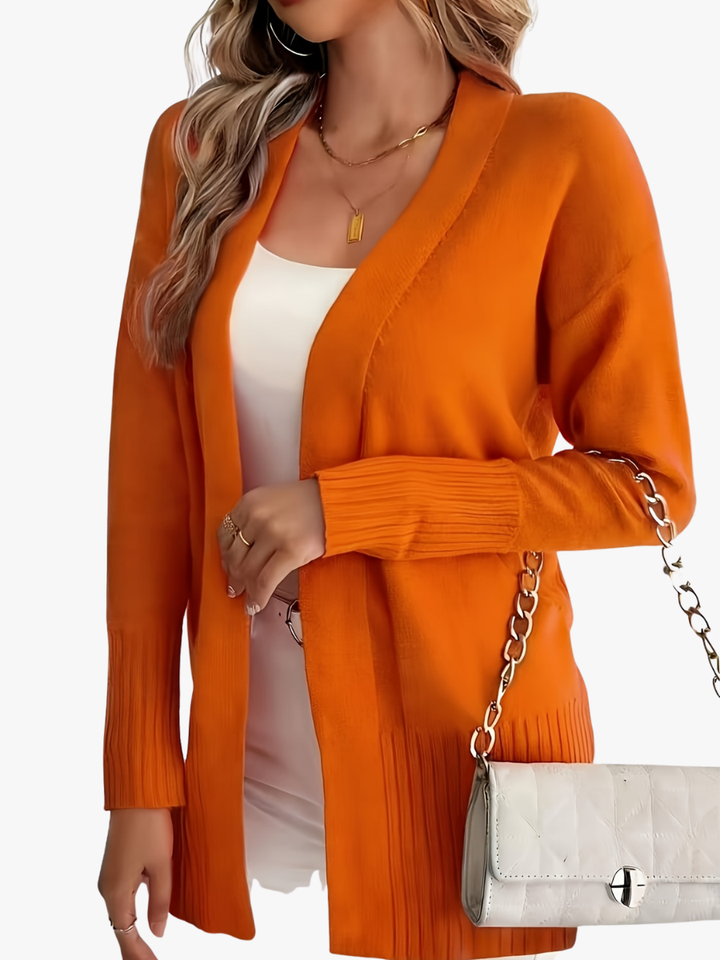 Women's long open front cardigan with ribbed cuffs and hem
