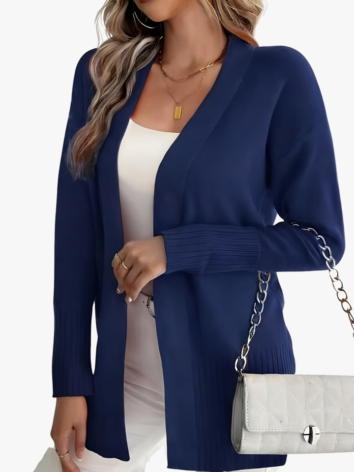 Women's long open front cardigan with ribbed cuffs and hem