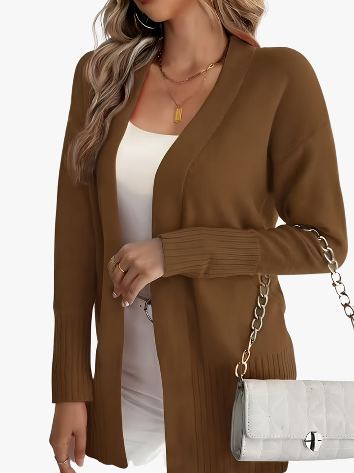 Women's long open front cardigan with ribbed cuffs and hem