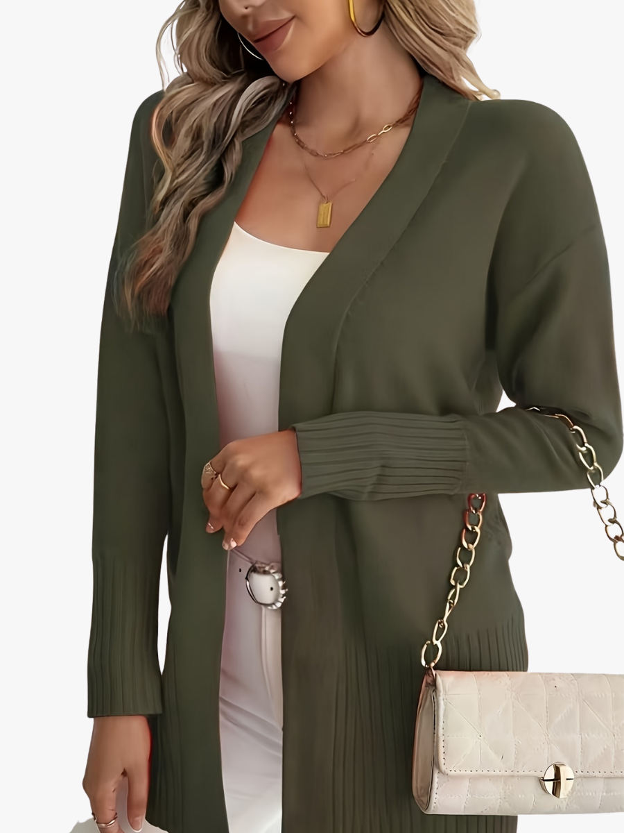 Women's long open front cardigan with ribbed cuffs and hem