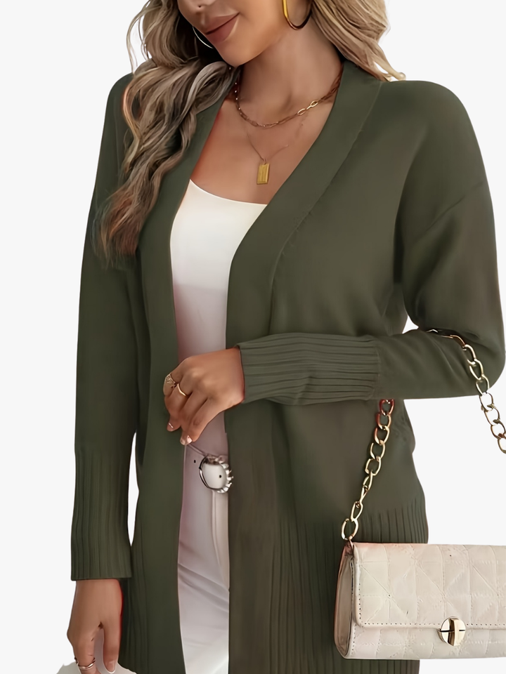 Women's long open front cardigan with ribbed cuffs and hem