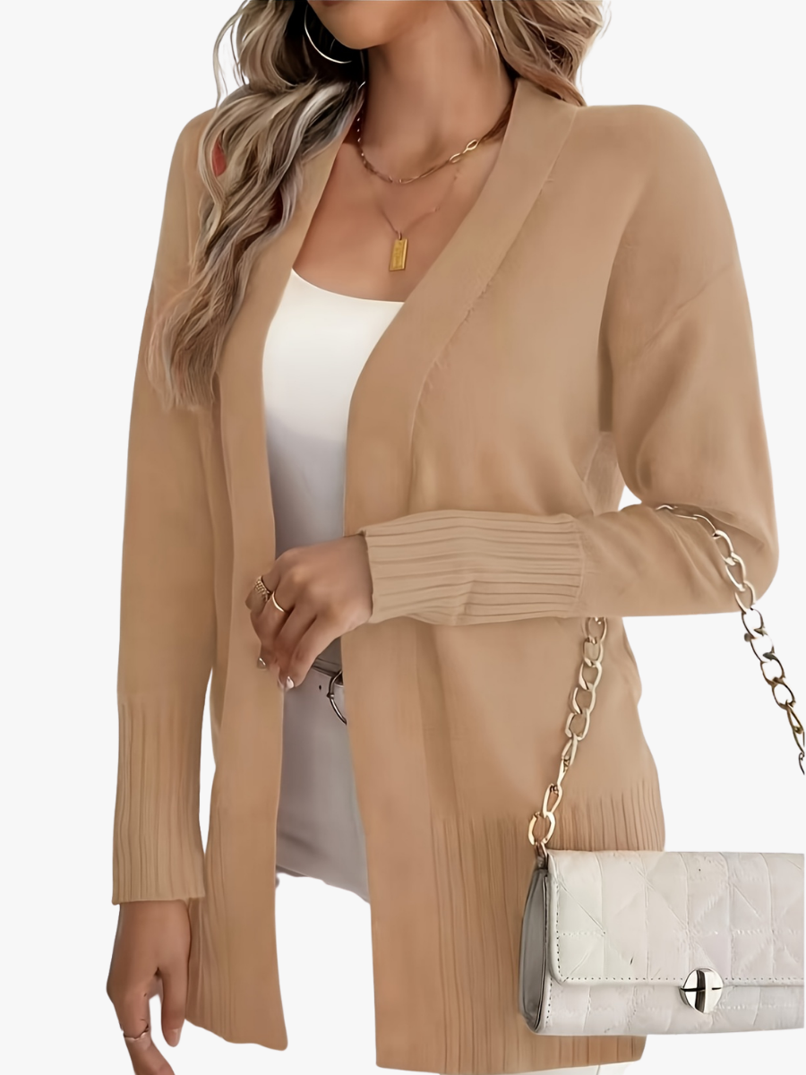 Women's long open front cardigan with ribbed cuffs and hem