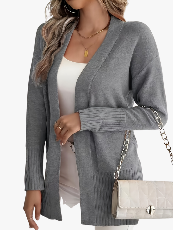 Women's long open front cardigan with ribbed cuffs and hem