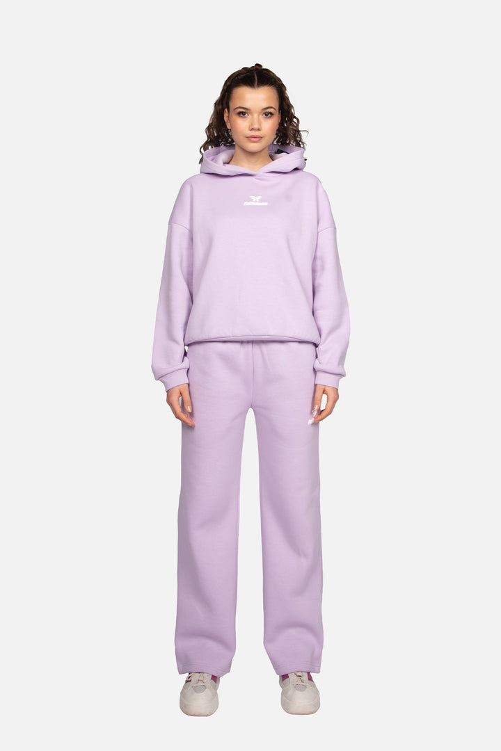 Women's lavender hooded sweatshirt with long sleeves and front logo