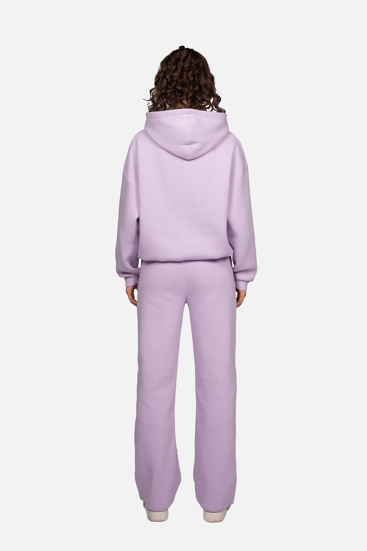 Women's lavender hooded sweatshirt with long sleeves and front logo