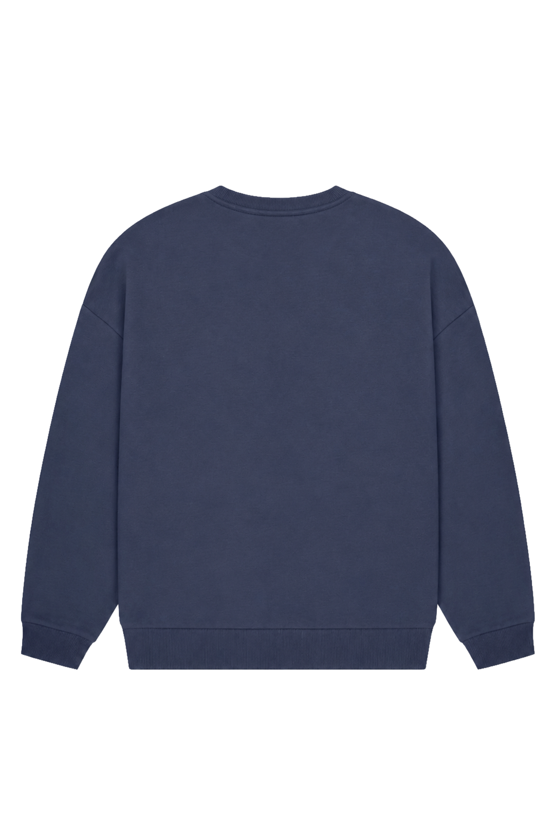 Women's navy crewneck sweatshirt with raised chest logo and ribbed trims