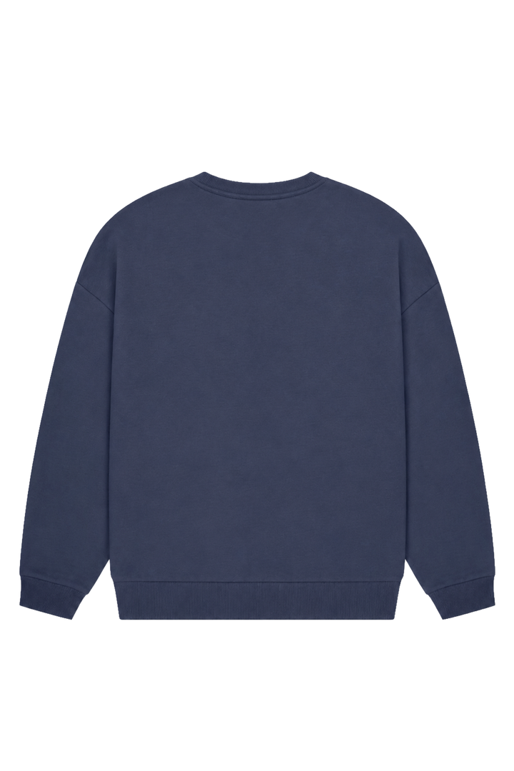 Women's navy crewneck sweatshirt with raised chest logo and ribbed trims