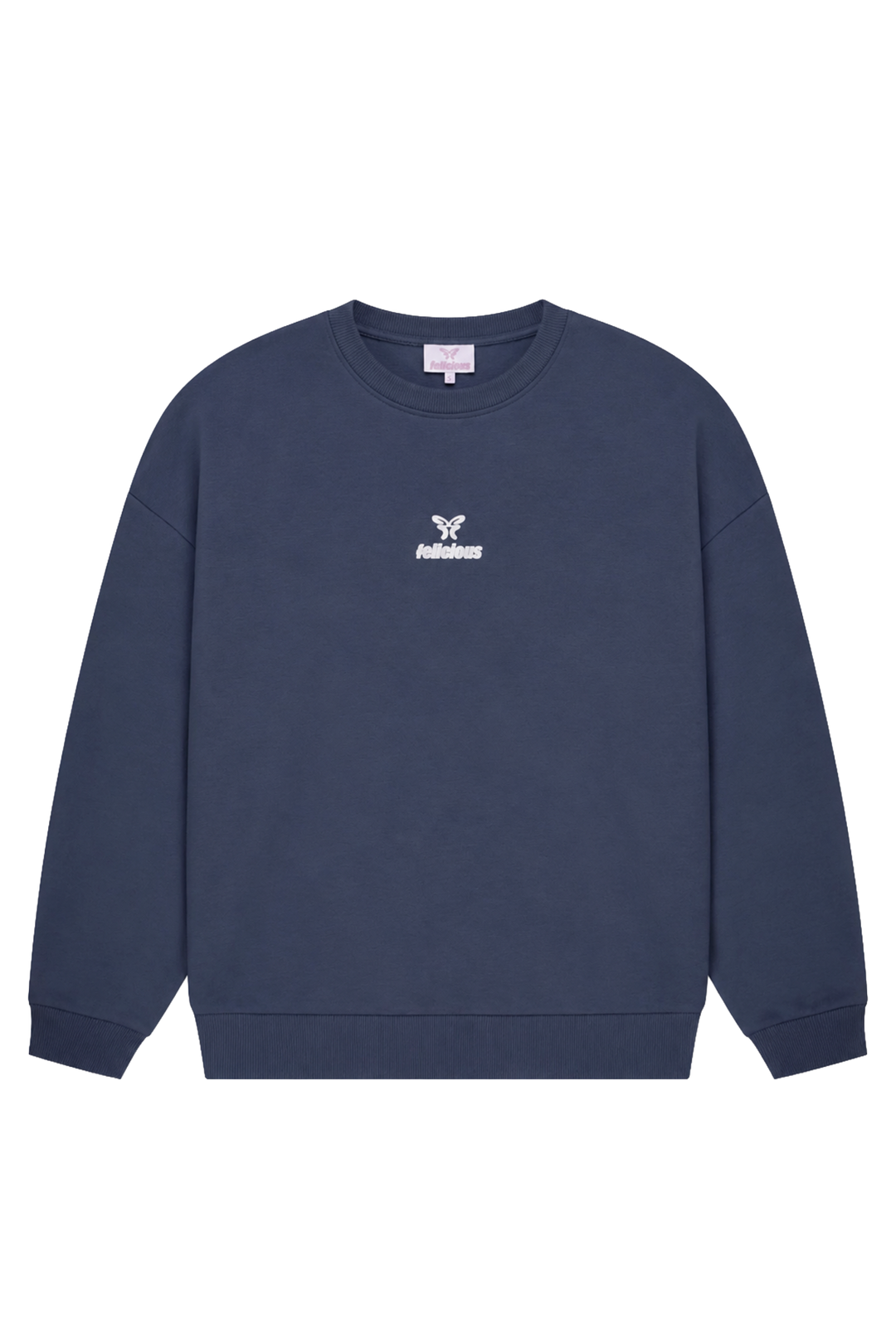 Women's navy crewneck sweatshirt with raised chest logo and ribbed trims