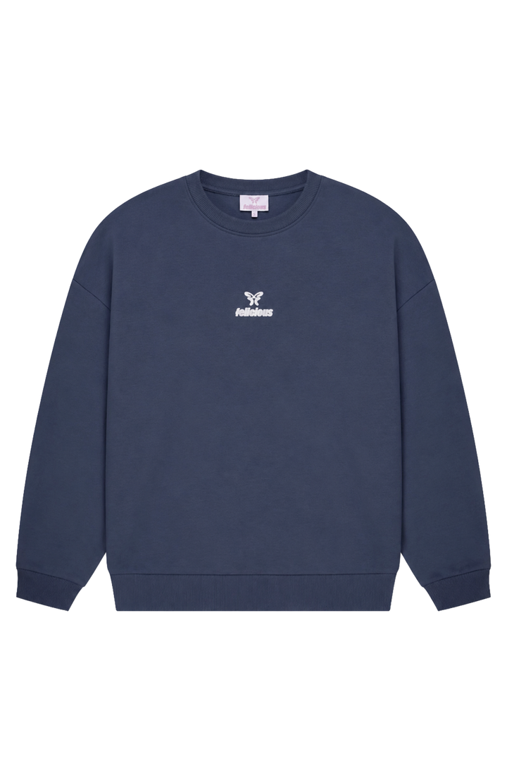 Women's navy crewneck sweatshirt with raised chest logo and ribbed trims