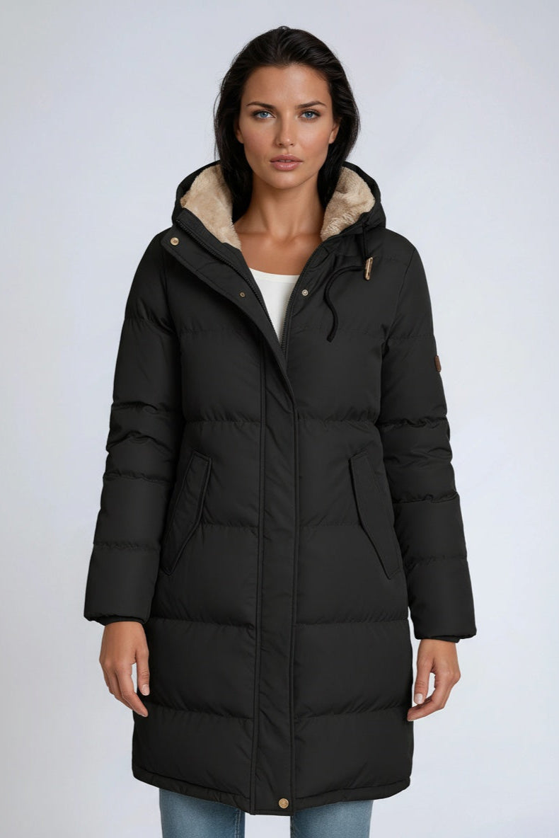 Women's mid-length hooded puffer coat with quilted panels