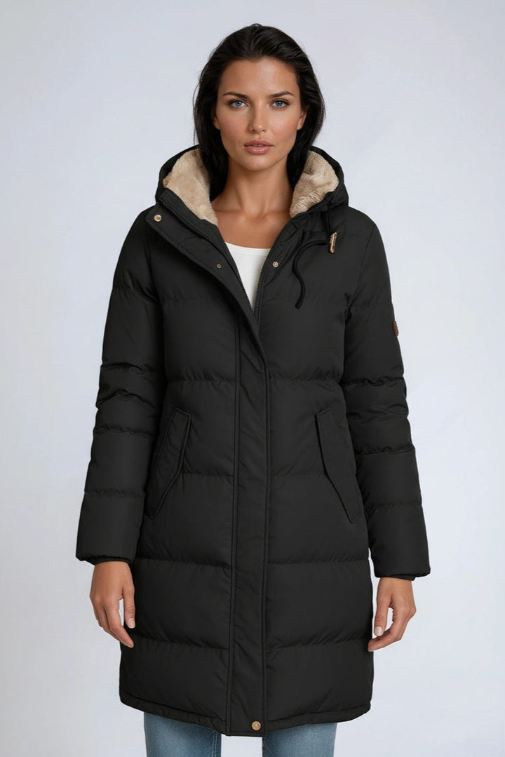 Women's mid-length hooded puffer coat with quilted panels
