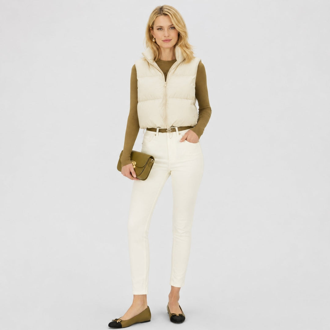 Women's cropped quilted puffer vest with high collar and front zipper