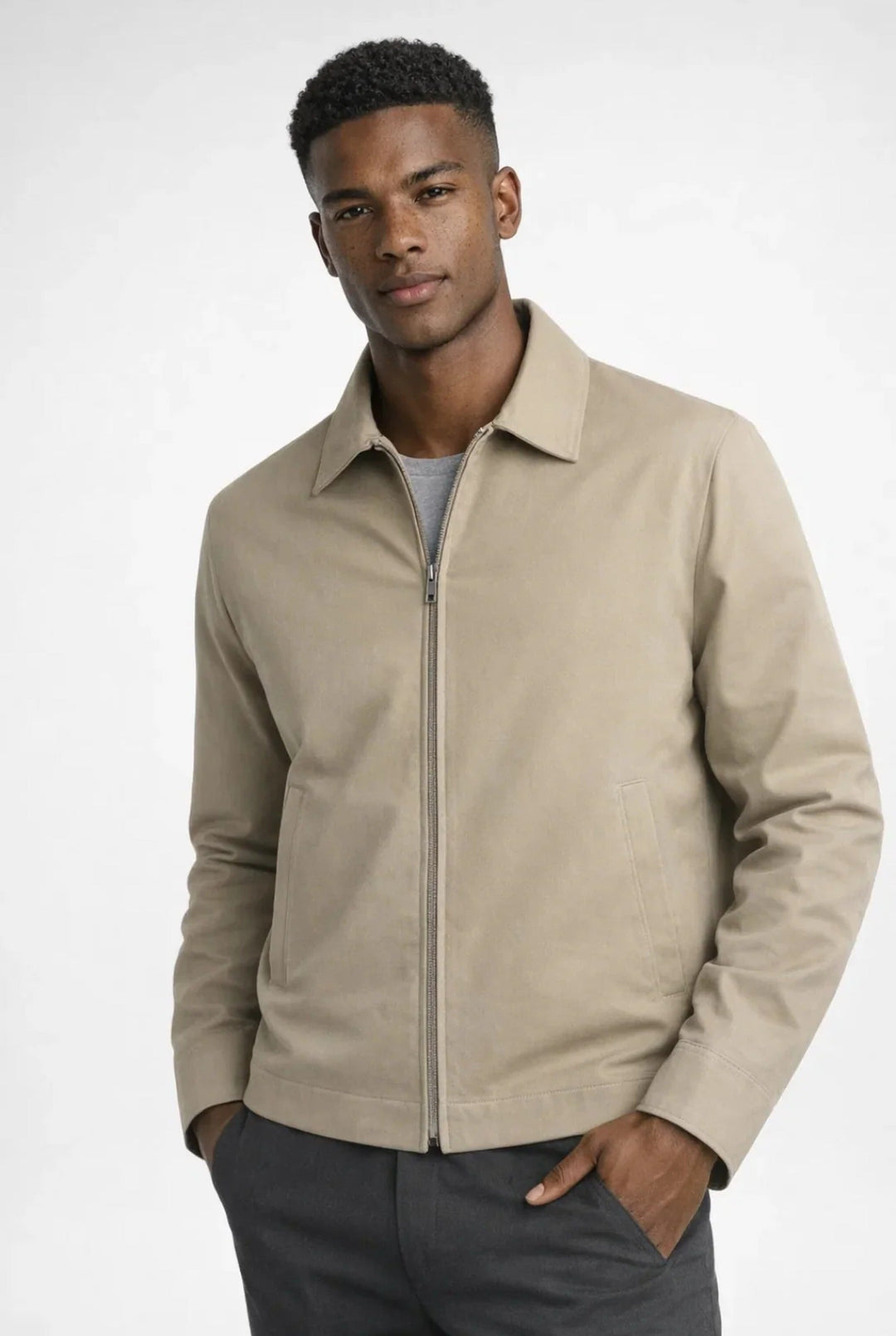 Men's zip front jacket with point collar and angled welt pockets
