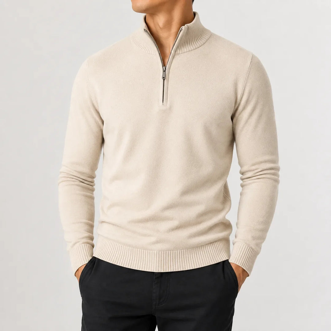 Men's long-sleeve zip-up mock neck sweater with ribbed trims