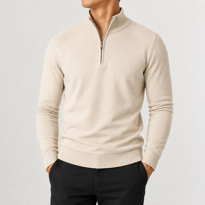 Men's long-sleeve zip-up mock neck sweater with ribbed trims