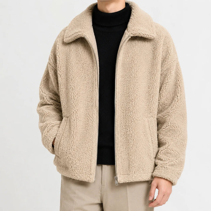 Men's sherpa fleece jacket with turn-down collar and zip front