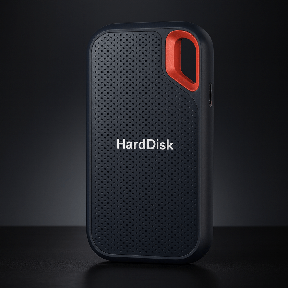 Black portable external SSD with red carry handle and USB cable