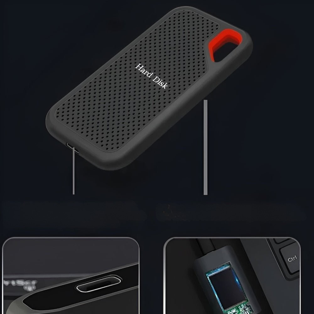 Black portable external SSD with red carry handle and USB cable