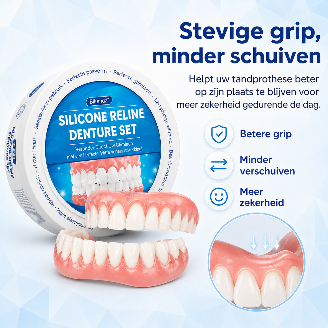 Pink and white silicone denture set with round storage case