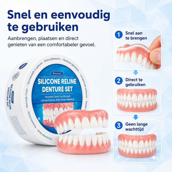 Pink and white silicone denture set with round storage case