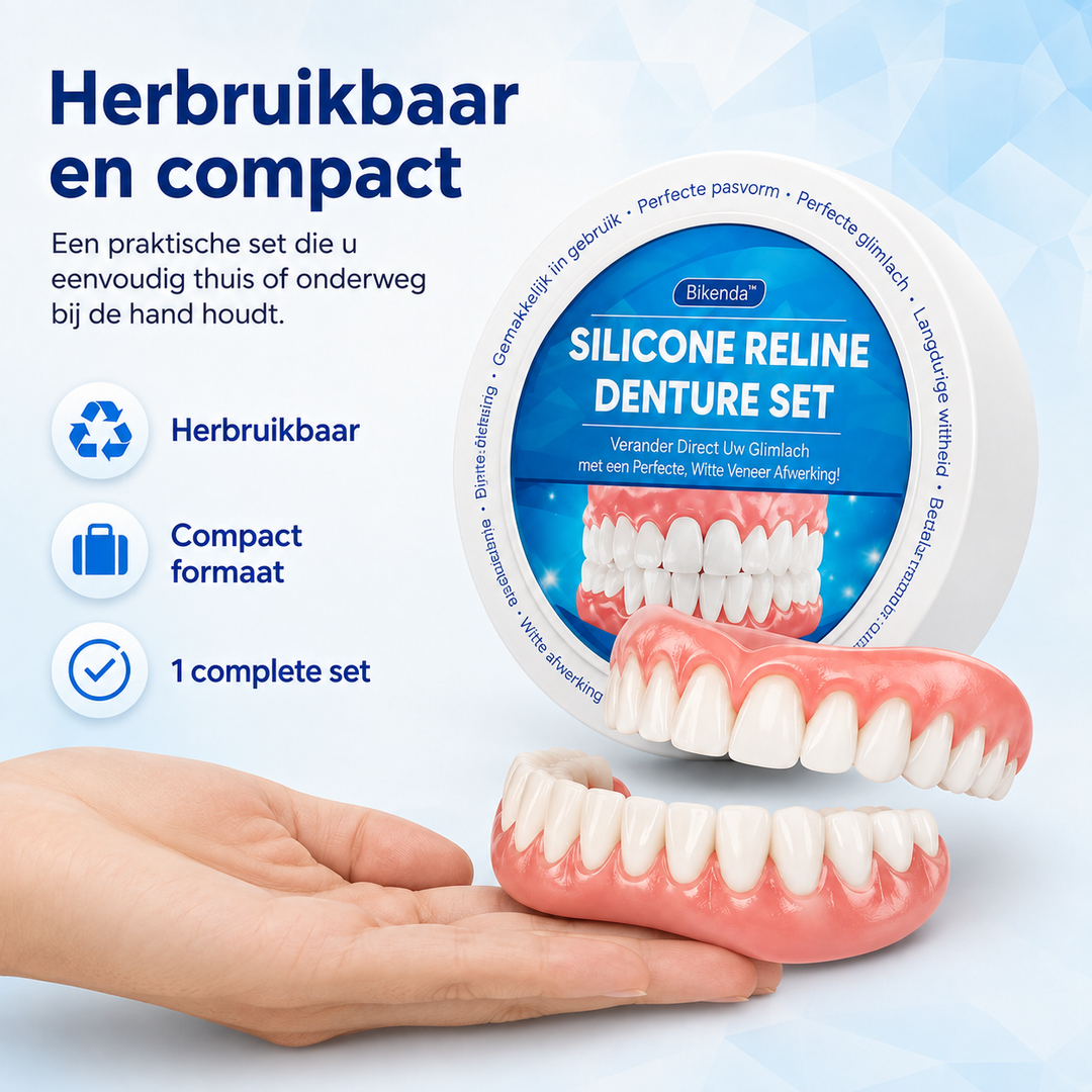 Pink and white silicone denture set with round storage case
