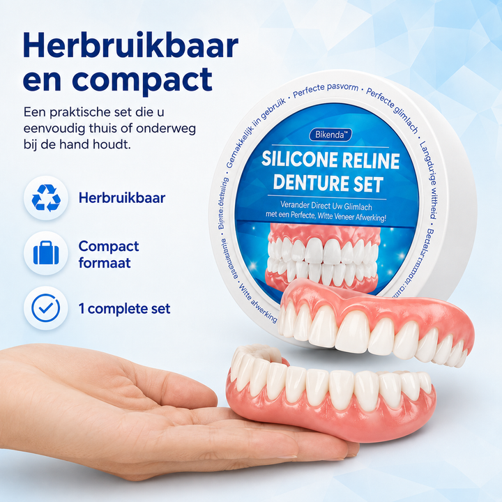 Pink and white silicone denture set with round storage case