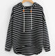 Women's striped pullover hoodie with drawstring hood and curved hem