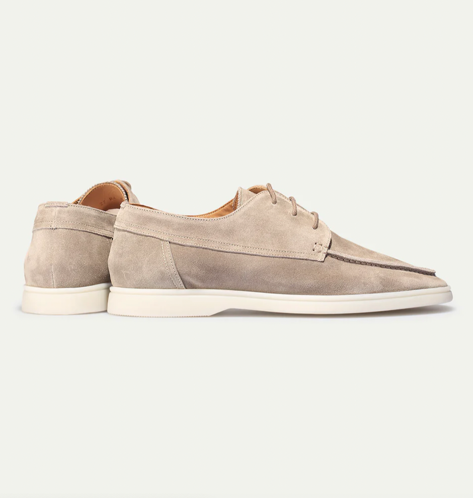 Men's lace-up moc toe loafers shown in navy and beige colourways