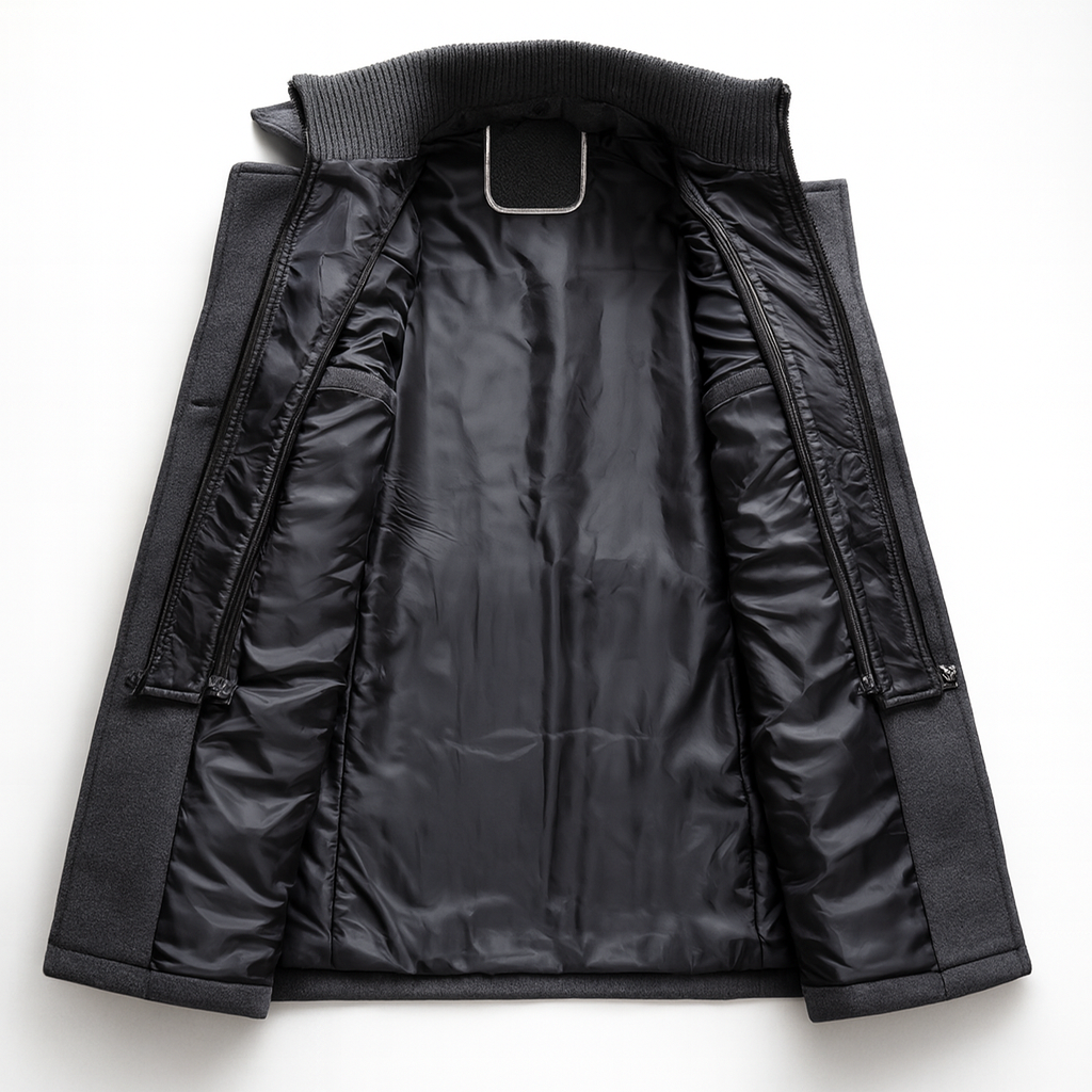 Men's long structured coat with mock neck, lapels, buttons, zipper and multiple pockets