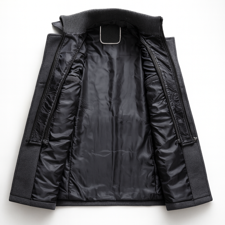 Men's long structured coat with mock neck, lapels, buttons, zipper and multiple pockets